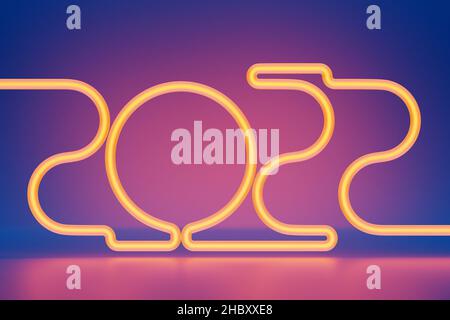 3D inscription d'illustration 2021 à partir de lignes de néon jaunes sur fond de néon.Illustration du symbole de la nouvelle année. Banque D'Images
