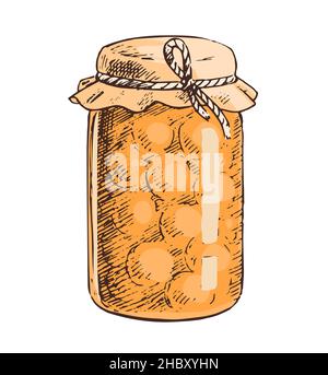 Pot en verre avec confiture d'abricot ou compote.Dessert sucré.Cuisine maison.Illustration d'art vectoriel isolée dessinée à la main Illustration de Vecteur