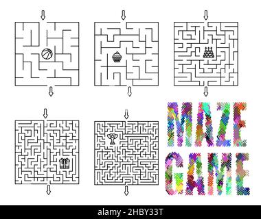 Jeux pour enfants.Ensemble de labyrinthes carrés, labyrinthes avec différents niveaux de difficulté et prix à l'intérieur.Puzzles et jeux pour le développement de l'intelligence Illustration de Vecteur