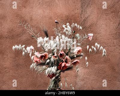 Bouquet de fleurs sauvages mélangées, herbes et coquelicots, dans un vase en verre. Banque D'Images