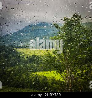 Vue sur la campagne mélancolique vue à travers une voiture vitrée, France Banque D'Images