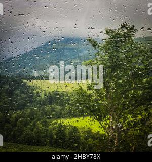 Vue sur la campagne mélancolique vue à travers une voiture vitrée, France Banque D'Images