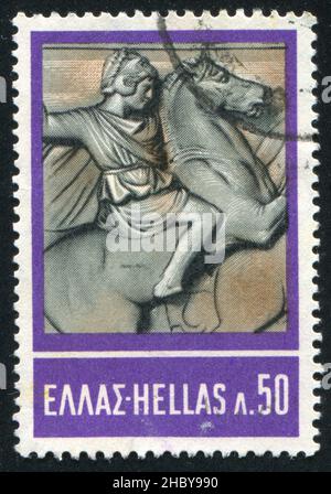 GRÈCE - VERS 1968: Timbre imprimé par la Grèce, montre Alexandre le Grand à cheval, de sarcophage, vers 1968 Banque D'Images