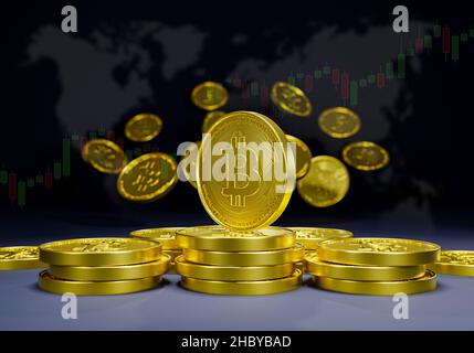 Bitcoin cyrptocurrency 3D rendre futuriste blockchain digital marketing.marché de devise pour gagner et acheter le commerce chaîne de blocs dans le futur Banque D'Images