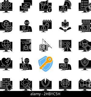 Hacker attaque des icônes de glyphe noir sur l'espace blanc Illustration de Vecteur