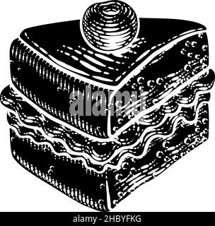 Gâteau Eponge Slice Jam Cream Woodcut dessin Illustration de Vecteur