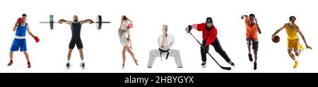 Collage de sportifs professionnels debout dans une ligne isolée sur fond blanc Banque D'Images