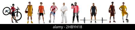 Collage de sportifs professionnels debout dans une ligne isolée sur fond blanc Banque D'Images