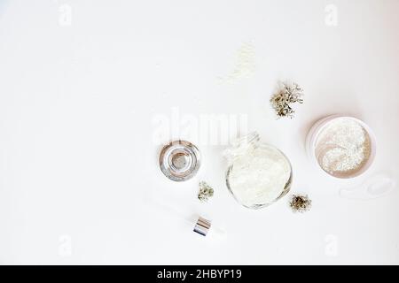 Cosmétiques de soin du visage de bien-être naturel sur fond blanc dégradé.Masque alginate et plaques transparentes.Mousse de forêt biologique.Cosmétiques hydratants et hyaluroniques.Produits naturels de dermatologie. Banque D'Images