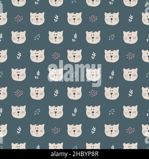 Joli motif sans coutures en forme de chat.Dessins animés animaux en arrière-plan de la forêt.Illustration vectorielle. Illustration de Vecteur