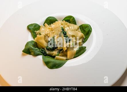 Pâtes Maltagliati avec sauce aux épinards et au beurre, gros plan dans un plat blanc Banque D'Images