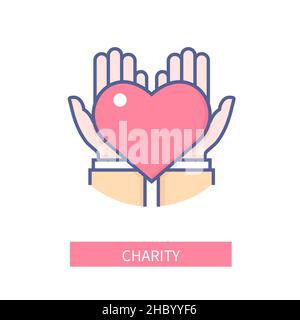 Charity - moderne ligne colorée style icône sur fond blanc.Image nette et détaillée d'un grand cœur rouge allongé sur les paumes.Prendre soin des nécessiteux, se Illustration de Vecteur