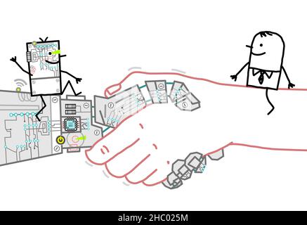Un homme d'affaires et un robot de dessin animé sur une grande poignée de main Illustration de Vecteur