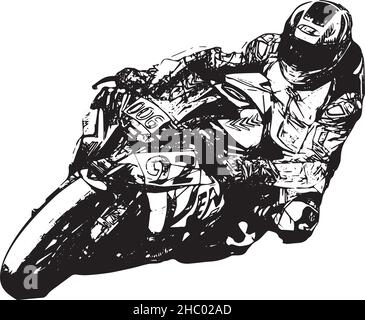 15-06-2021 Riga, Lettonie. Homme à moto sur route asphaltée.Motocycliste à la moto sport noire et blanche.Isolé sur fond blanc Illustration de Vecteur