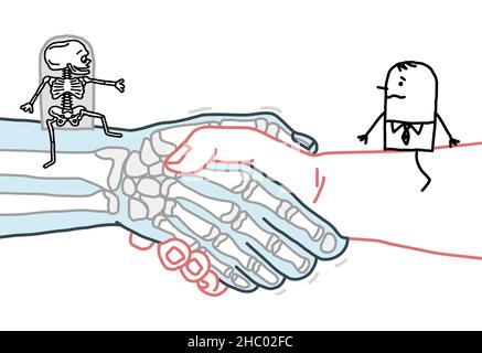 Un homme de dessin animé et une réunion de skeleton dessinés à la main sur une grande poignée de main Illustration de Vecteur