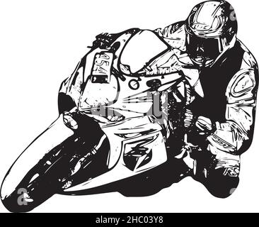 15-06-2021 Riga, Lettonie. Homme à moto sur route asphaltée.Motocycliste à la moto sport noire et blanche.Isolé sur fond blanc Illustration de Vecteur