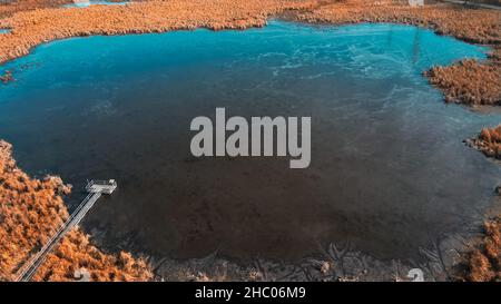 Le sentier de randonnée mène à la zone d'observation au-dessus de l'eau à un lac marécageux. Banque D'Images