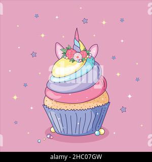 Cupcake unicorn mignon sur fond rose, illustration vectorielle. Illustration de Vecteur