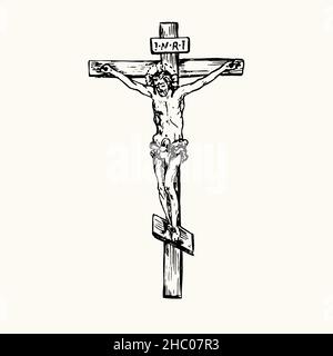 Jésus Christ crucifié.Dessin d'une boisée noire et blanche avec inscription. Banque D'Images