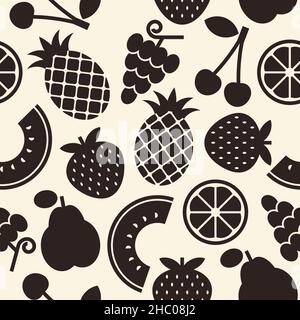 Motif fruits.Fond sans couture avec ananas, raisins, pomme, poire, cerise,coing, fraise, melon, citron et pastèque Banque D'Images