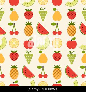 Motif fruits.Fond sans couture avec ananas, raisins, pomme, poire, cerise,coing, fraise, melon, citron et pastèque Banque D'Images