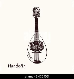 Mandoline.Dessin d'une boisée noire et blanche avec inscription. Banque D'Images