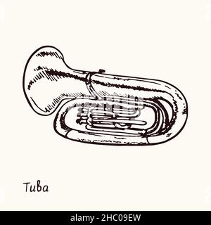 Tuba.Dessin d'une boisée noire et blanche avec inscription. Banque D'Images