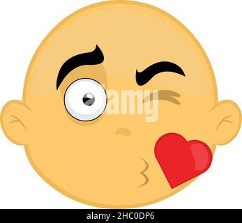 Illustration vectorielle du visage d'un personnage de dessin animé, jaune et chauve, donnant un baiser en forme de cœur Illustration de Vecteur