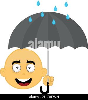 Illustration vectorielle du visage d'un personnage de dessin animé jaune et chauve, tenant un parapluie avec des gouttes de pluie Illustration de Vecteur