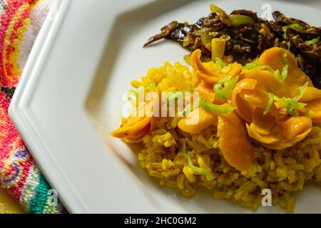 Goias, Brésil – 22 décembre 2021 : plat blanc avec riz à la pulpe de pequi et viande à la banane.Nourriture végétalienne.Pequi est un fruit typique de Banque D'Images