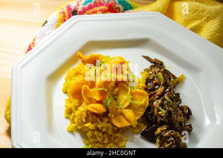 Goias, Brésil – 22 décembre 2021 : plat blanc avec riz à la pulpe de pequi et viande à la banane.Nourriture végétalienne.Pequi est un fruit typique de Banque D'Images