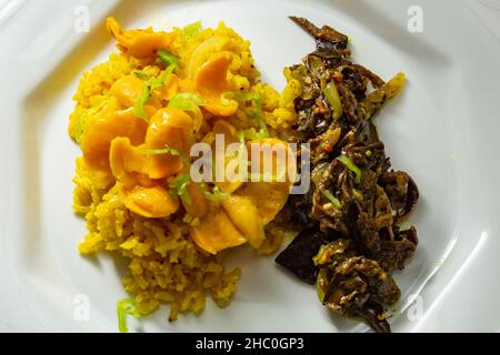 Goias, Brésil – 22 décembre 2021 : plat blanc avec riz à la pulpe de pequi et viande à la banane.Nourriture végétalienne.Pequi est un fruit typique de Banque D'Images