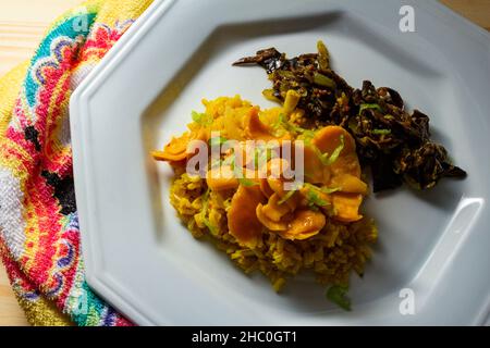 Goias, Brésil – 22 décembre 2021 : plat blanc avec riz à la pulpe de pequi et viande à la banane.Nourriture végétalienne.Pequi est un fruit typique de Banque D'Images