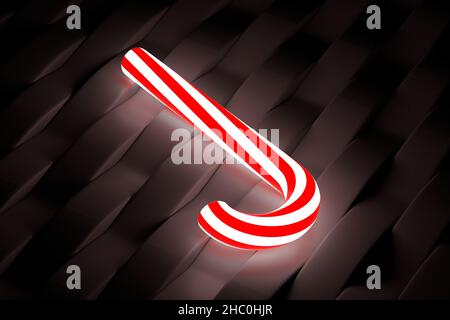 Canne de noël lumineuse, bonbons avec rayures rouges sur le mur sombre.Effet néon.Concept de célébration du nouvel an.Dessert sucré traditionnel.3d rendu Banque D'Images