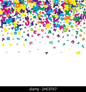 Chute de lettres de langue anglaise.Mots volants lumineux de l'alphabet latin.Concept d'étude des langues étrangères.Incroyable bandeau de retour à l'école sur blanc Illustration de Vecteur