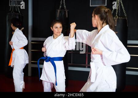 Portrait d'une femme portant un kimono blanc qui parse avec une femelle pendant l'entraînement aux arts martiaux Banque D'Images