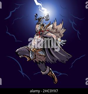 Illustration vectorielle Thor Linear tenant Mjolnir avec son gant de fer et sa ceinture de puissance Illustration de Vecteur