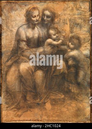 Le dessin de la Vierge et de l'enfant avec Saint Anne et Saint Jean-Baptiste, par Léonard de Vinci Banque D'Images