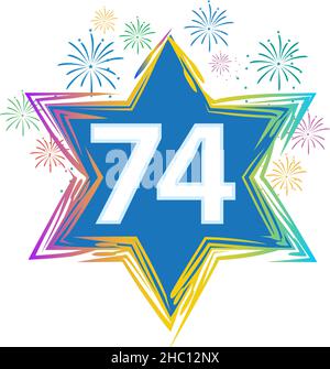 Israël 74 célébration de l'anniversaire de l'indépendance, Yom Ha'atzmaut, avec étoile de David et feux d'artifice. Illustration de Vecteur