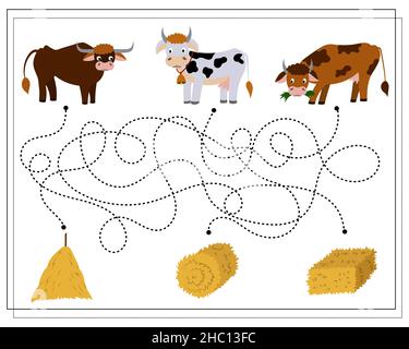 Le jeu logique des enfants passe par le labyrinthe.Guidez les vaches à travers le labyrinthe jusqu'au foin.Vecteur Illustration de Vecteur