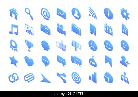 Icônes isométriques maison, loupe, enveloppe de courrier et wifi, roue dentée, point d'exclamation, notes de musique et image avec photo ou caméra vidéo.Dossier de documents, dossier papier, jeu de 3D panneaux vectoriels isolés en étoile Illustration de Vecteur
