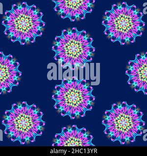 Illustration motif raster sans couture de mandalas dans une couleur lilas brillante sur fond bleu foncé.Illustration de haute qualité Banque D'Images