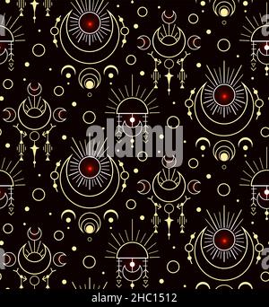 Motif ésotérique galaxie de luxe sans couture.Ornements sacrés à contour géométrique jaune.Texture magique vectorielle avec étoiles et points sur fond sombre.Sorcière Illustration de Vecteur