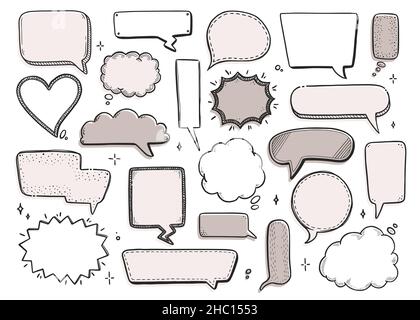 Jeu de bulles de bande dessinée en forme de rond, d'étoile, de nuage. Dessin à la main, style de caniche. Illustration vectorielle discussion bulle de discours, élément de message pour texte de devis. Illustration de Vecteur