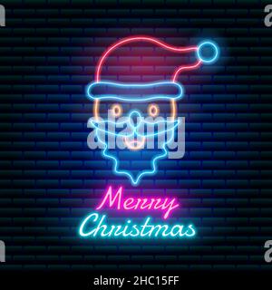 Père noël néon lumineux avec arrière-plan mural en brique sombre et style de texte modifiable Illustration de Vecteur