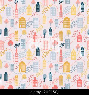 Vieilles maisons européennes.Motif sans couture dessiné à la main avec les anciens bâtiments européens.Maisons de style allemand, pays-Bas.Arrière-plan mignon vectoriel. Illustration de Vecteur