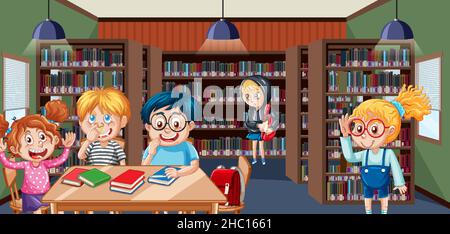 Illustration de la scène des enfants dans la bibliothèque scolaire Illustration de Vecteur