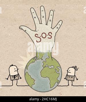 Dessins à la main des gens de Cartoon et de la planète Terre en hausse a Main avec le panneau S.O.S Banque D'Images
