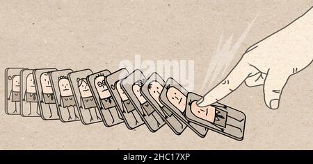 Main dessinée Big Human doigt poussant vers le bas des gens de bande dessinée, comme un effet domino Banque D'Images