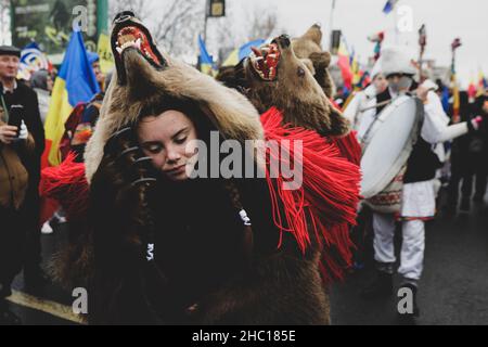 Bucarest, Roumanie - 21 décembre 2021 : une jeune femme porte de la fourrure d'ours et exécute un rituel traditionnel roumain de la nouvelle année (Bears Dance ou Dansul Urs Banque D'Images